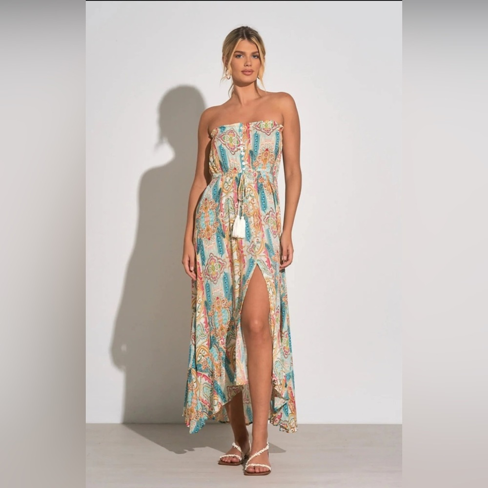 Elan ~ Strapless Printed Maxi Dress in Blue Ibiza
